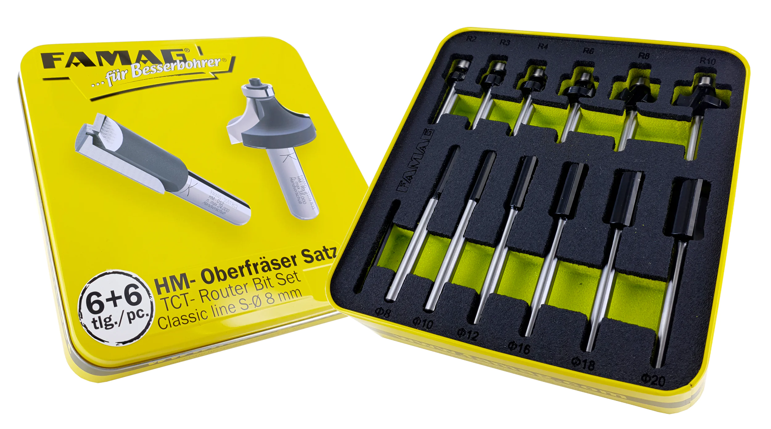 6+6 Nut- und Abrundfräser Satz in Metallbox Classic Line FAMAG