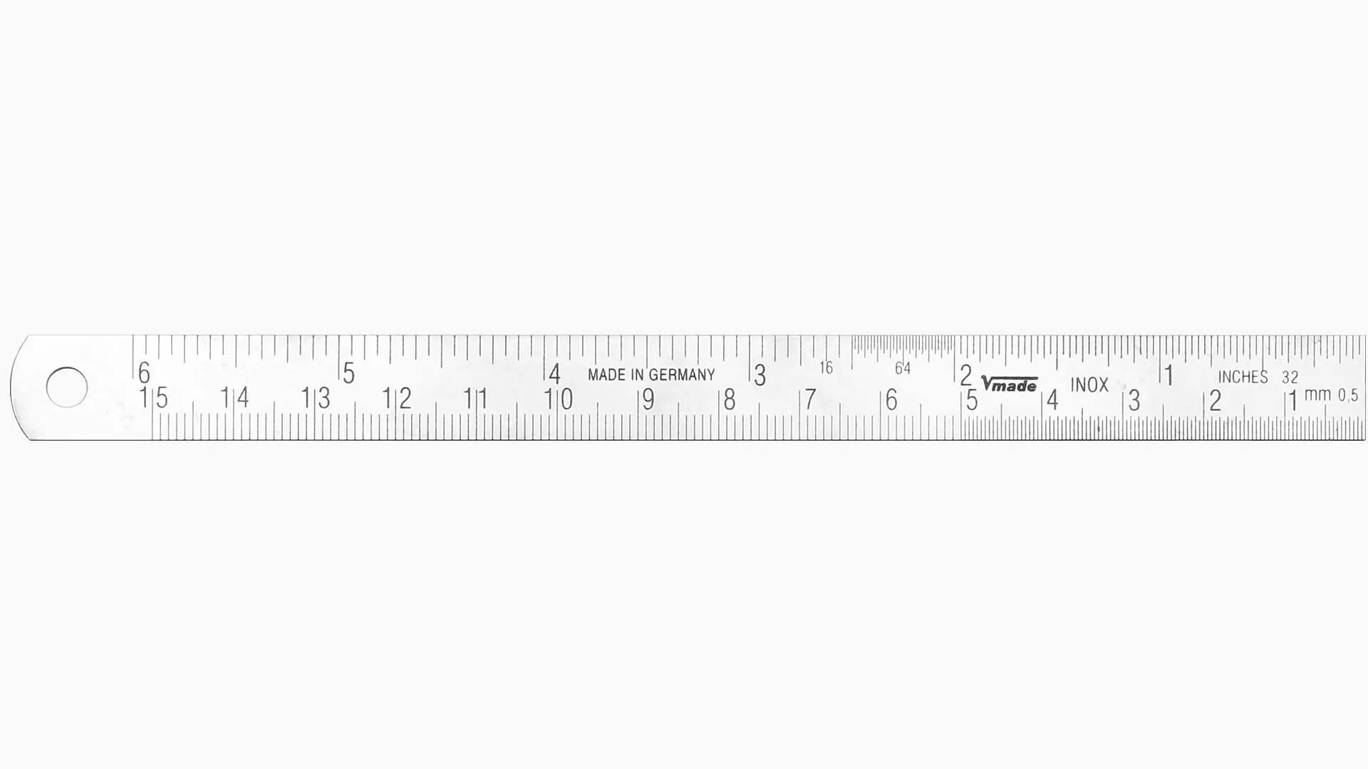 Stahlmaßstab, Ablesung von rechts nach links, 1/32 inch-Teilung oben, mm-Teilung unten, flexibel