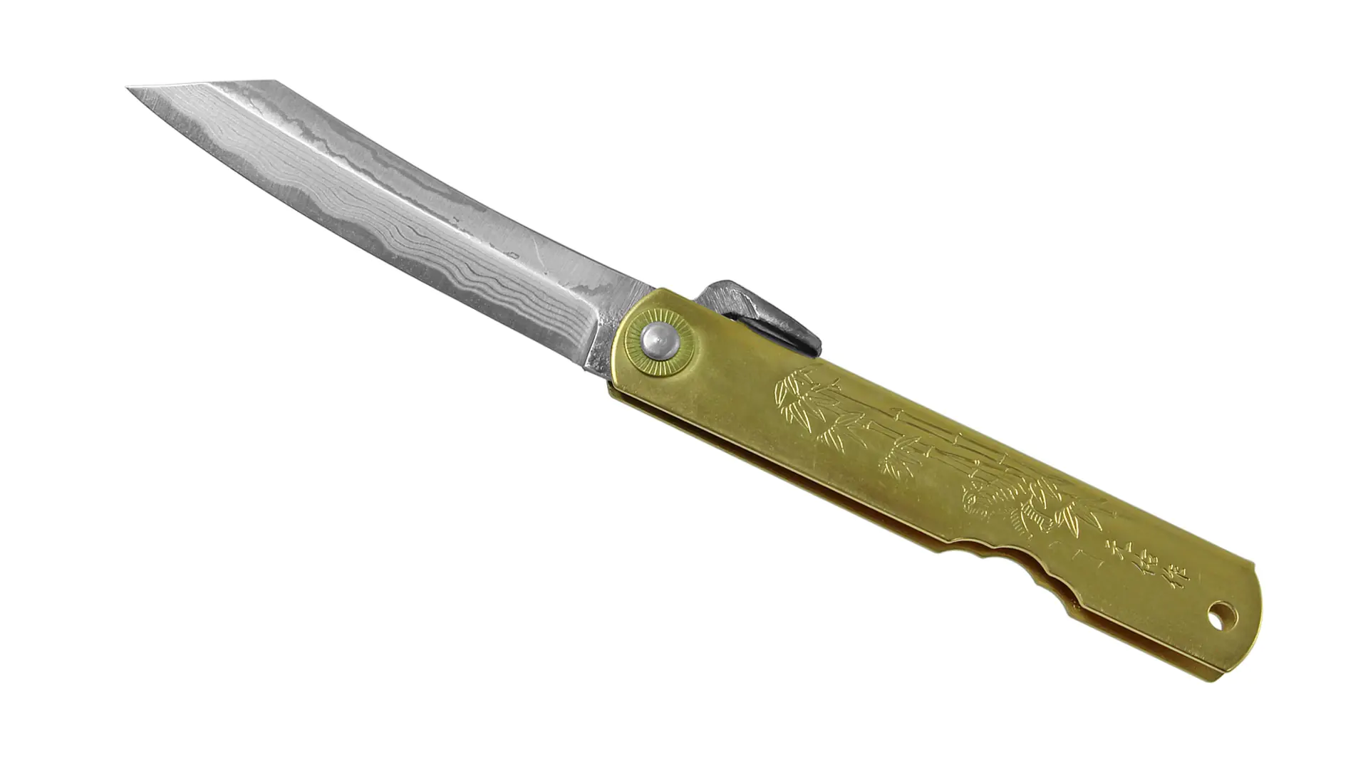 Higonokami - Japanisches Taschenmesser mit Messingheft Damaszener Klinge 75 mm in Holzkaestchen KAWASEI Higonokami - Japanisches Taschenmesser mit Messingheft Damaszener Klinge 75 mm in Holzkaestchen KAWASEI