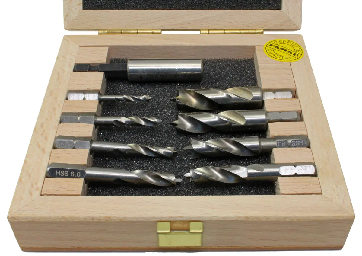 Holzspiralbohrer-Bits kurz HSS-G Serie 1596 als 9 teiliges Set im Holzkasten