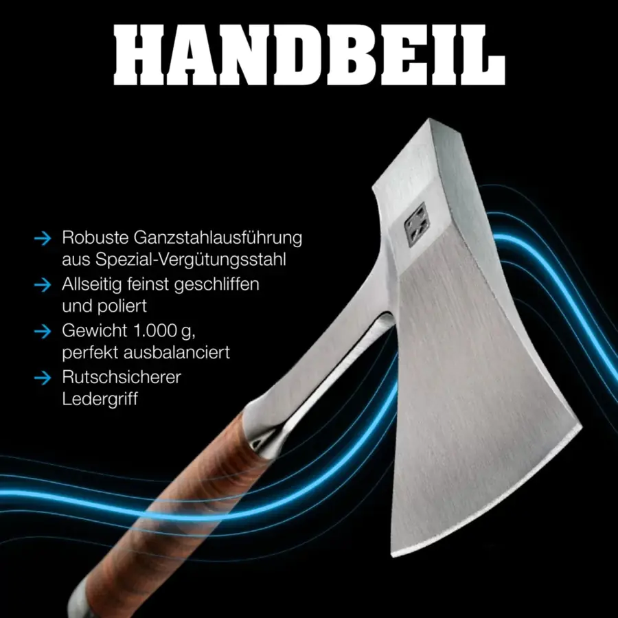Handbeil mit Ledergriff, inkl. Ledergürteltasche als Schneidenschutz Länge 370 mm / Schneidenlänge 90 mm