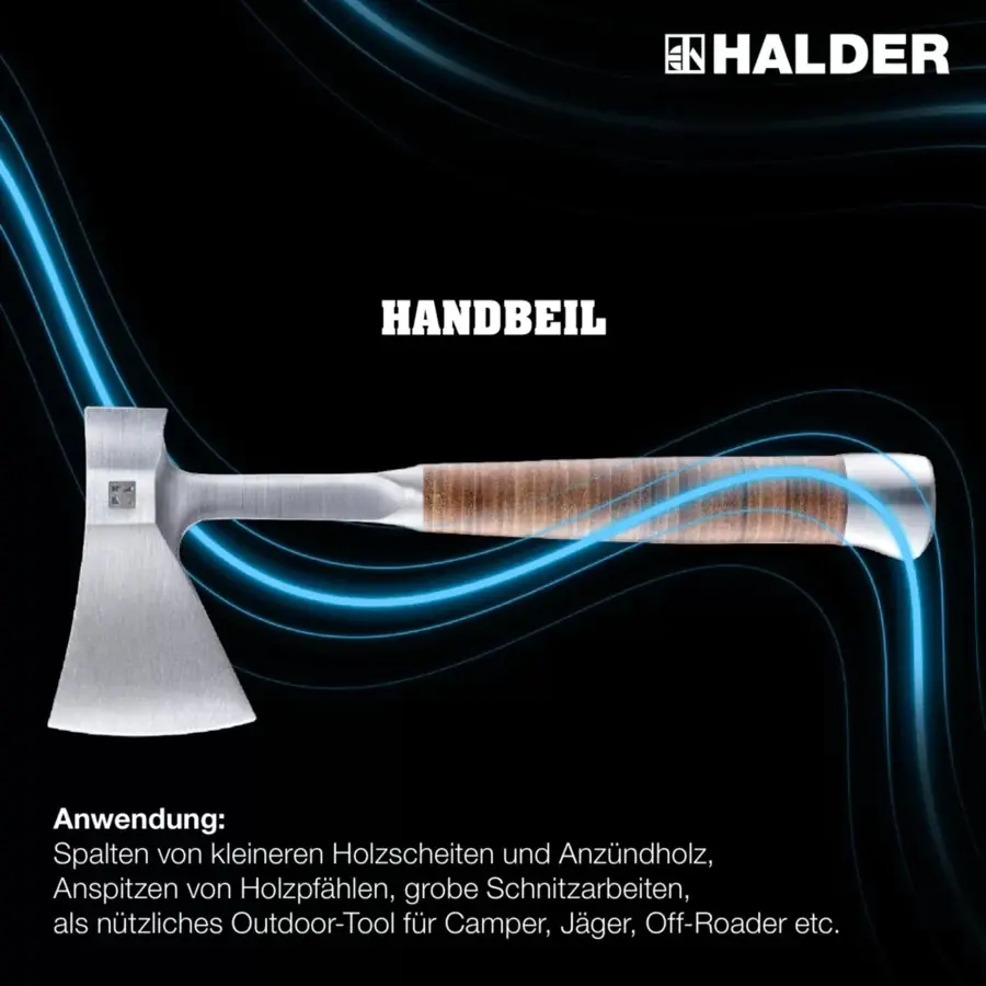 Handbeil mit Ledergriff, inkl. Ledergürteltasche als Schneidenschutz Länge 370 mm / Schneidenlänge 90 mm