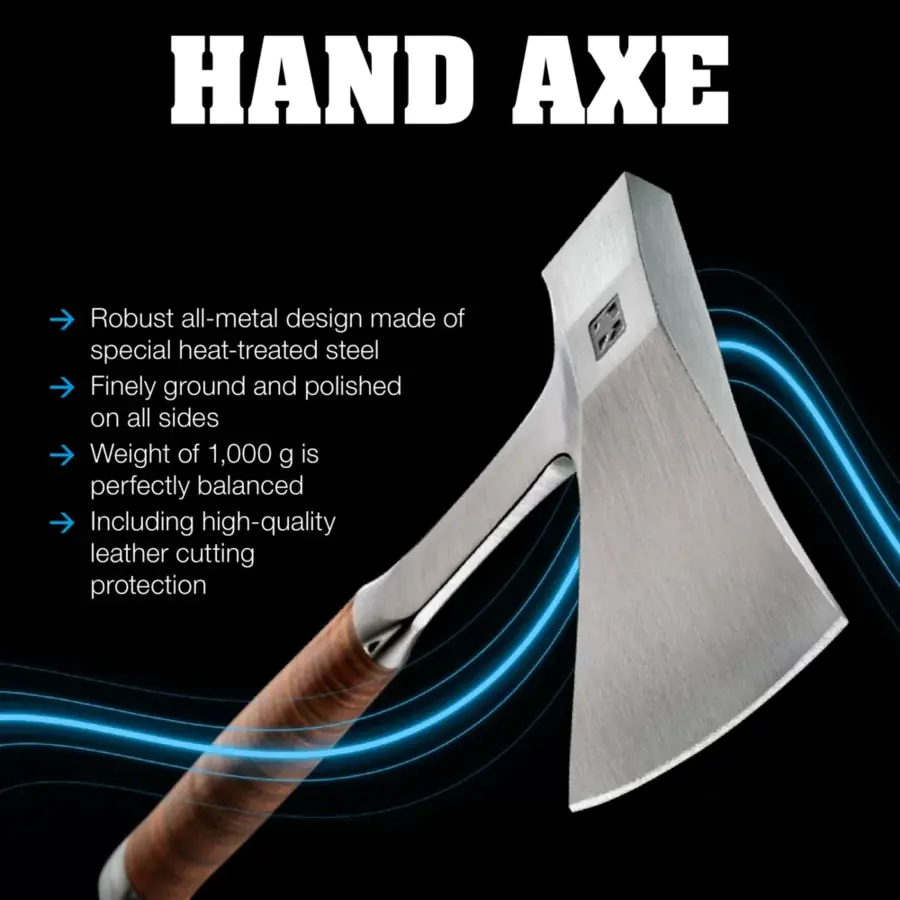 Handbeil mit Ledergriff, inkl. Ledergürteltasche als Schneidenschutz Länge 370 mm / Schneidenlänge 90 mm
