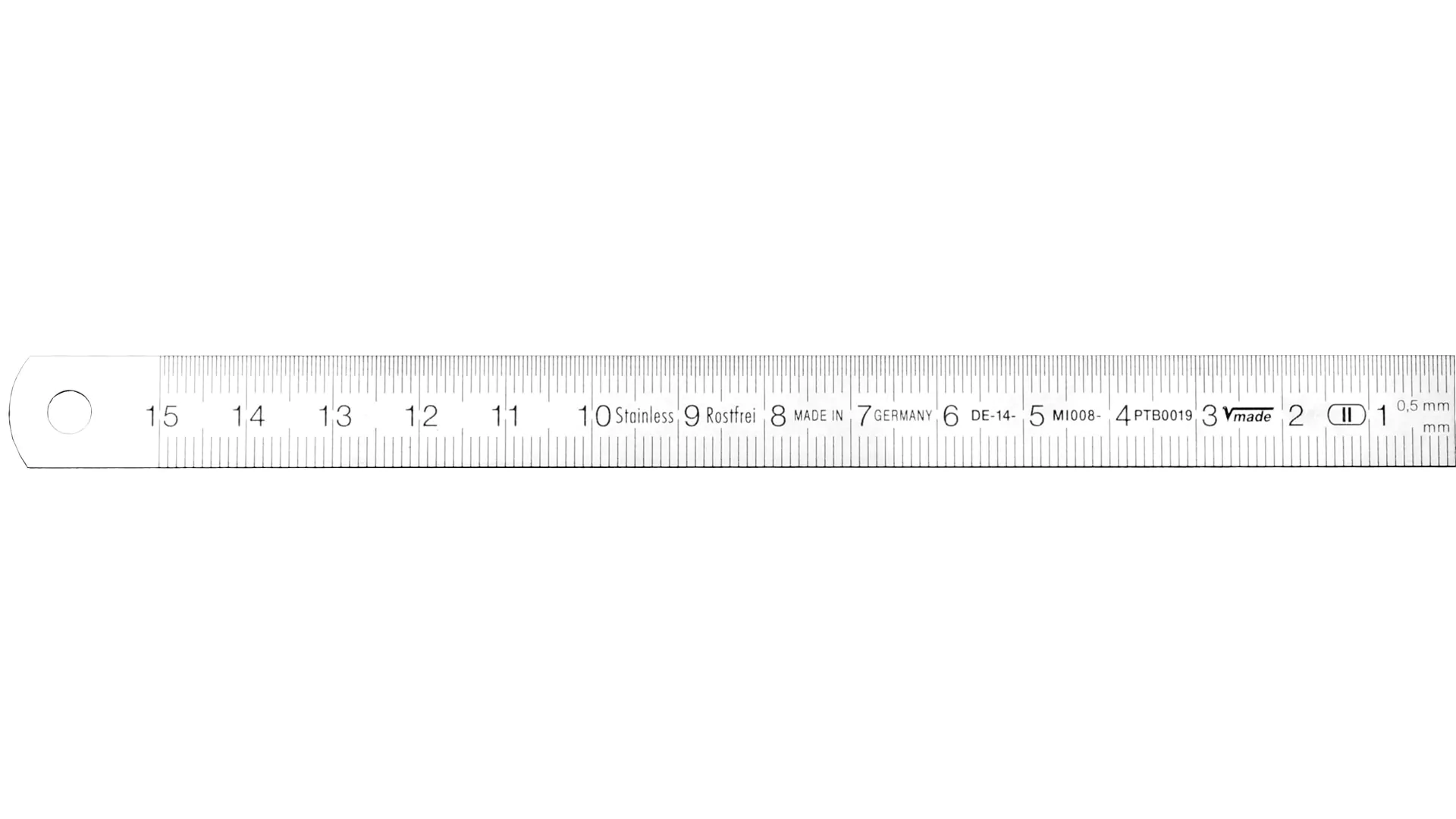Stahlmaßstab, Ablesung von rechts nach links, 1/2 mm-Teilung obere Kante, mm-Teilung untere Kante, flexibel