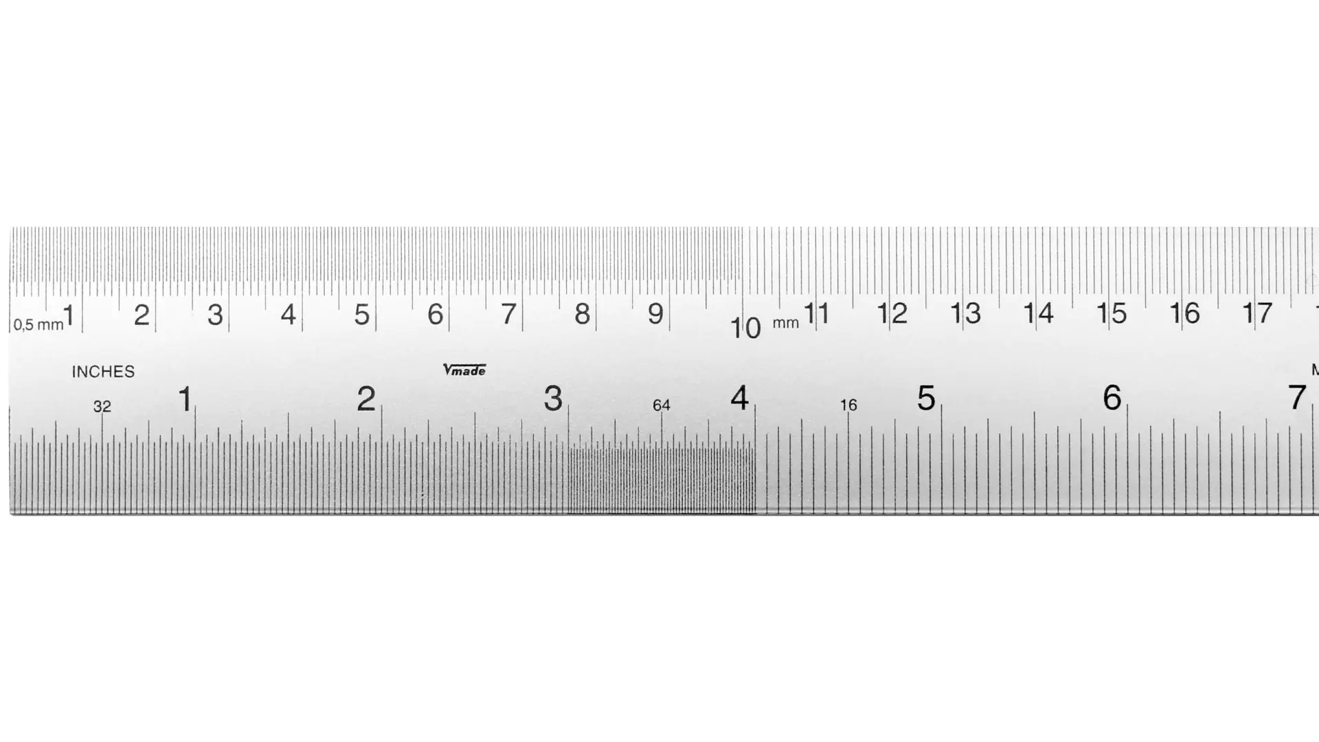 Breiter Stahlmaßstab, Ablesung von links nach rechts (Standard), mm-Teilung an Oberkante, Inch-Teilung an Unterkante