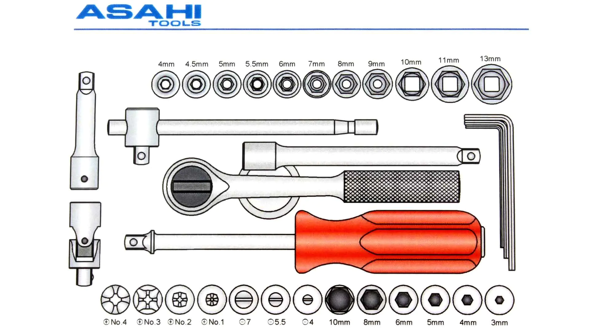 34er Steckschlüssel Set 1/4 Zoll Antrieb ASAHI 34er Steckschlüssel Set 1/4 Zoll Antrieb ASAHI