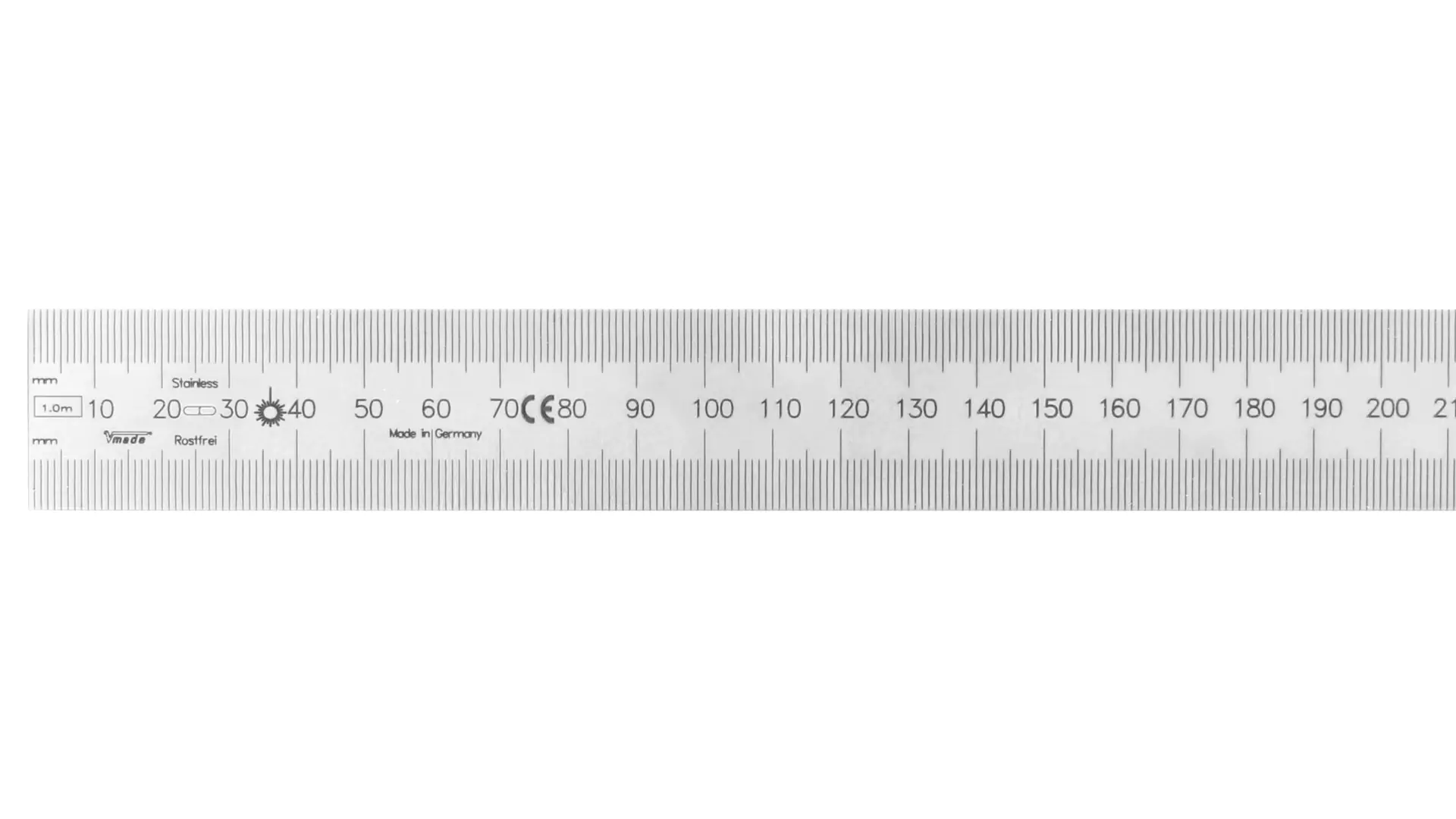 Breiter Stahlmaßstab, Ablesung von links nach rechts (Standard), mm-Teilung an beiden Kanten, Lasergravur Breiter Stahlmaßstab, Ablesung von links nach rechts (Standard), mm-Teilung an beiden Kanten, Lasergravur