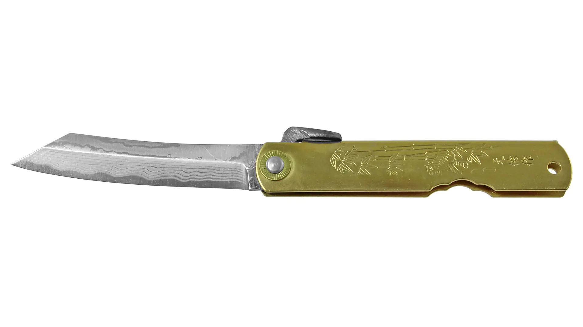 Japanisches Taschenmesser mit Messingheft und Damaszener Klinge "Higonokami"