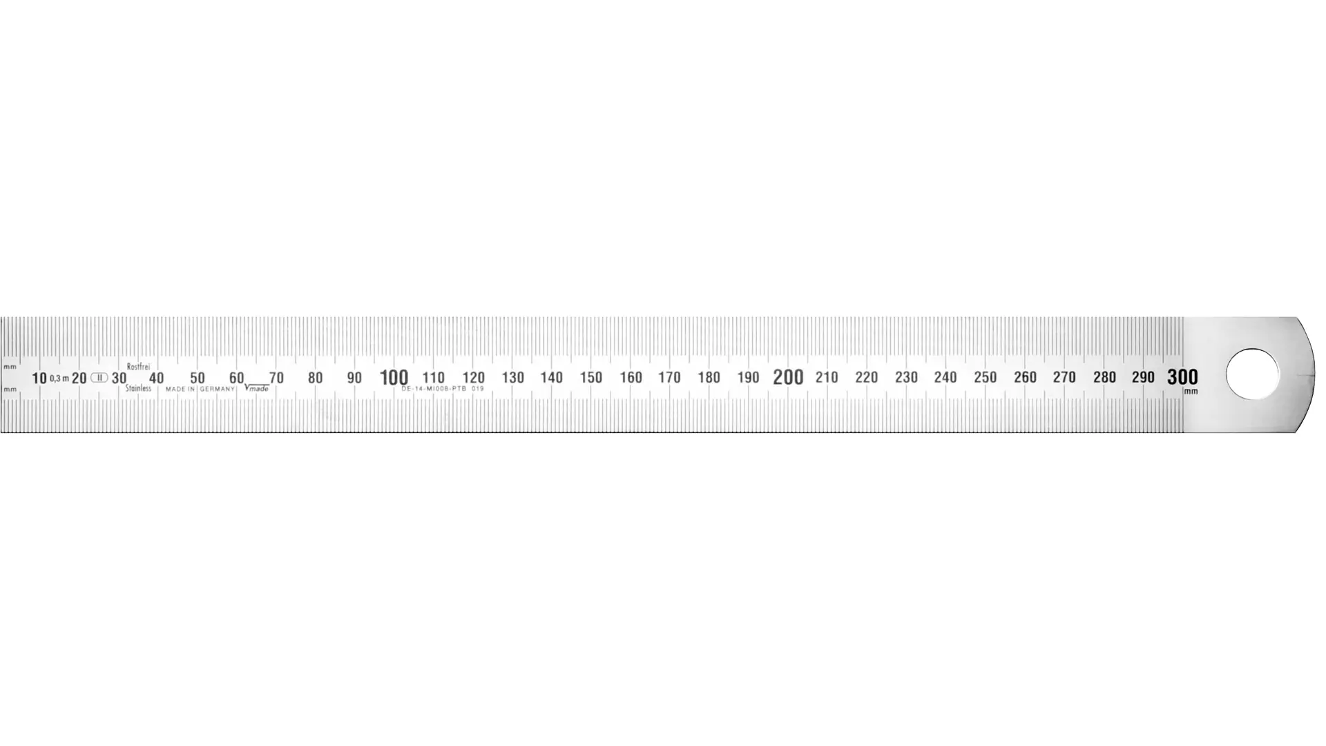 Breiter Stahlmaßstab, Ablesung von links nach rechts (Standard), mm-Teilung beide Kanten, starr, jedoch noch rollbar Breiter Stahlmaßstab, Ablesung von links nach rechts (Standard), mm-Teilung beide Kanten, starr, jedoch noch rollbar