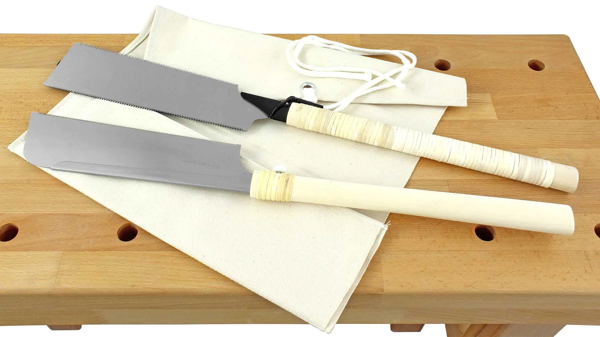 Sägenset, bestehend aus 2 Japanischen Sägen mit einer Segeltuchtasche