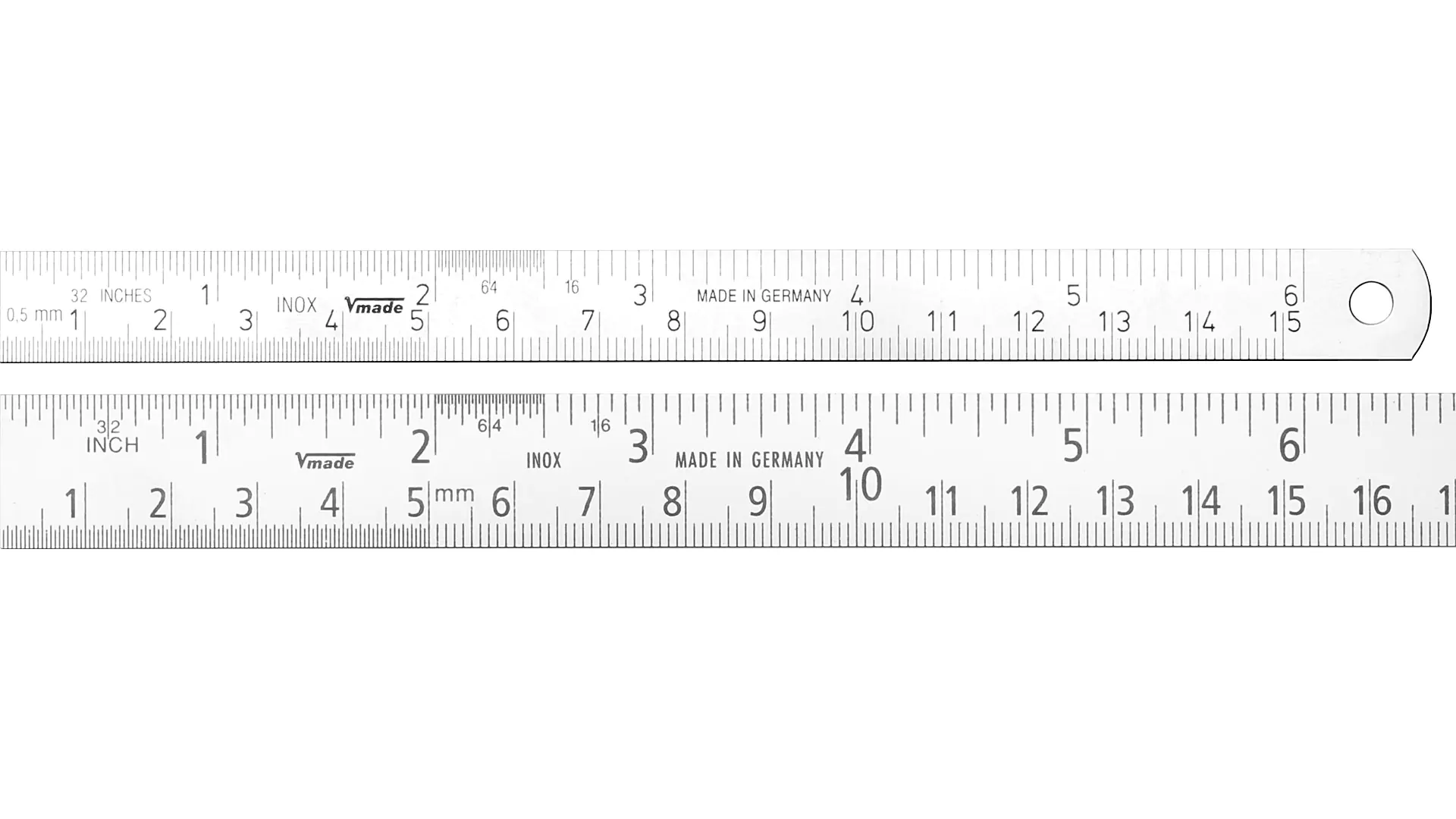 Stahlmaßstab, Ablesung von links nach rechts (Standard), 1/32 inch-Teilung oben, mm-Teilung unten, flexibel
