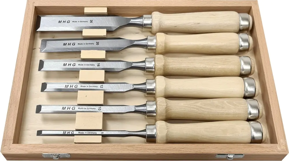6er-Satz Stemmeisen mit geschliffener Klinge im Holzkasten MHG 6er-Satz Stemmeisen mit geschliffener Klinge im Holzkasten MHG