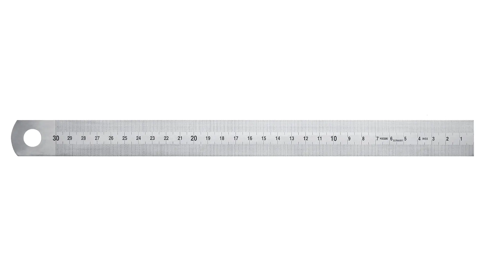 Breiter Stahlmaßstab, Ablesung von rechts nach links, mm-Teilung beide Kanten, Ziffern zeigen cm, starr, jedoch noch rollbar