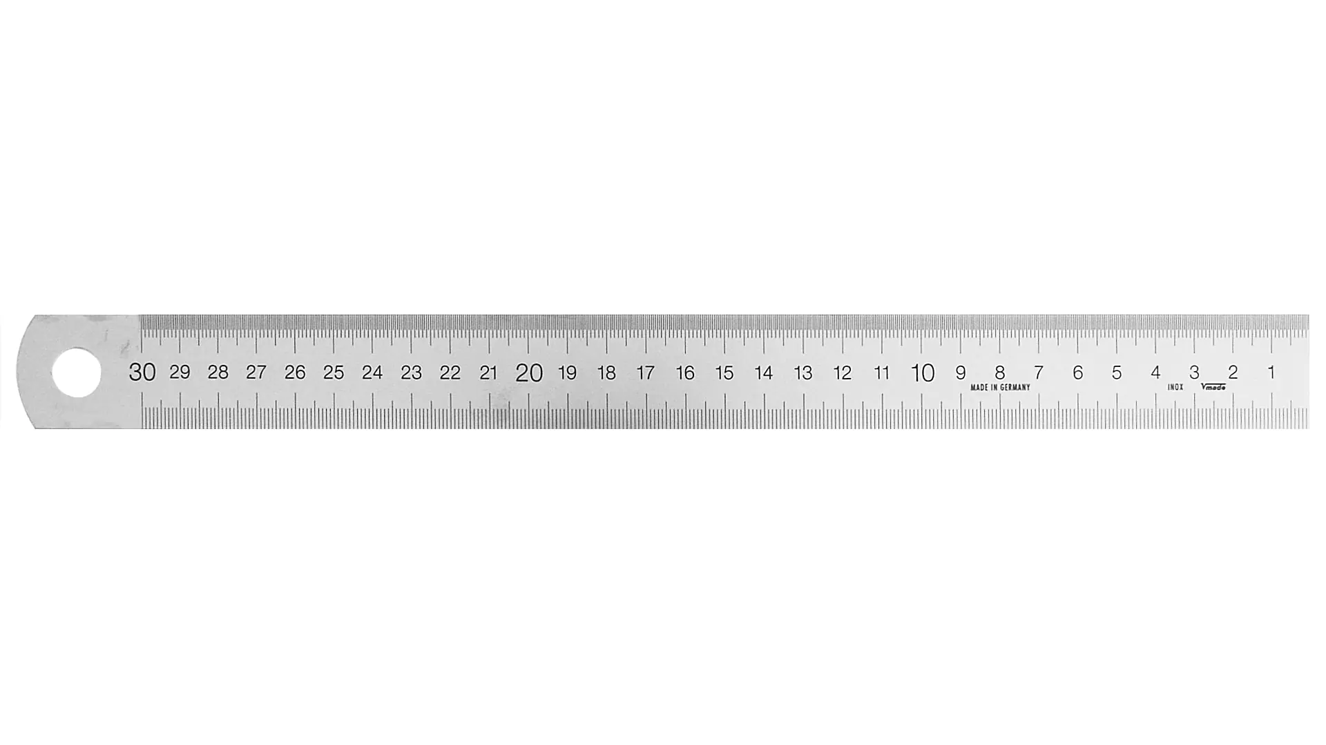 Breiter Stahlmaßstab, Ablesung von rechts nach links, 1/2-mm-Teilung obere Kante, 1-mm-Teilung untere Kante, Ziffern zeigen cm, starr, jedoch noch rollbar