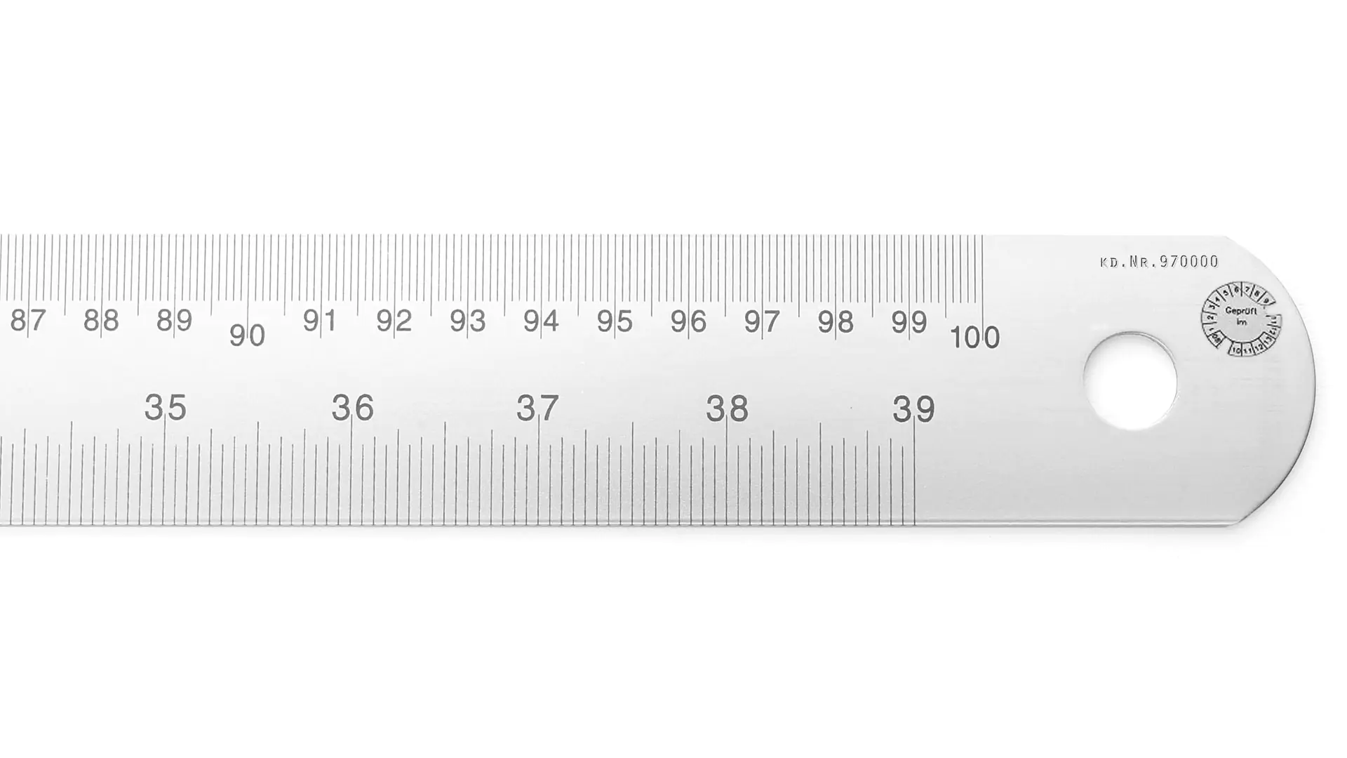 Breiter Stahlmaßstab, Ablesung von links nach rechts (Standard), mm-Teilung an Oberkante, Inch-Teilung an Unterkante Breiter Stahlmaßstab, Ablesung von links nach rechts (Standard), mm-Teilung an Oberkante, Inch-Teilung an Unterkante