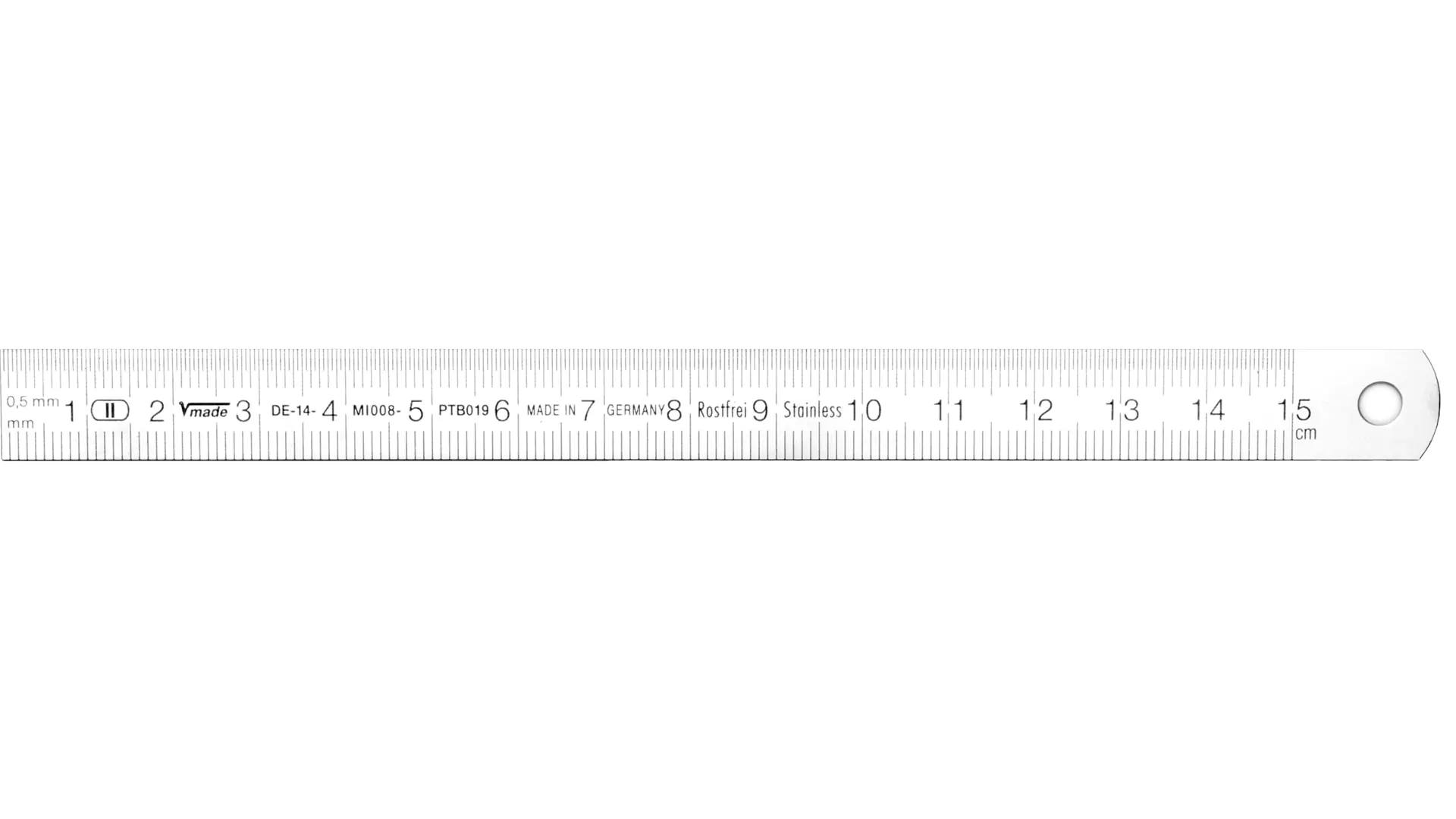 Stahlmaßstab, Ablesung von links nach rechts (Standard), 1/2 mm-Teilung obere Kante, mm-Teilung untere Kante, flexibel Stahlmaßstab, Ablesung von links nach rechts (Standard), 1/2 mm-Teilung obere Kante, mm-Teilung untere Kante, flexibel